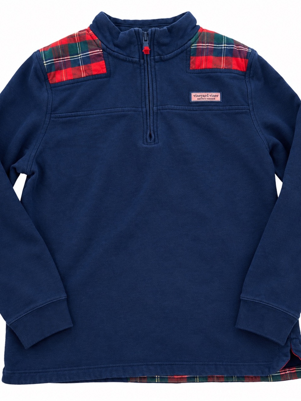 Vineyard Vines Navy Pullover with Red Plaid Shoulder Panels